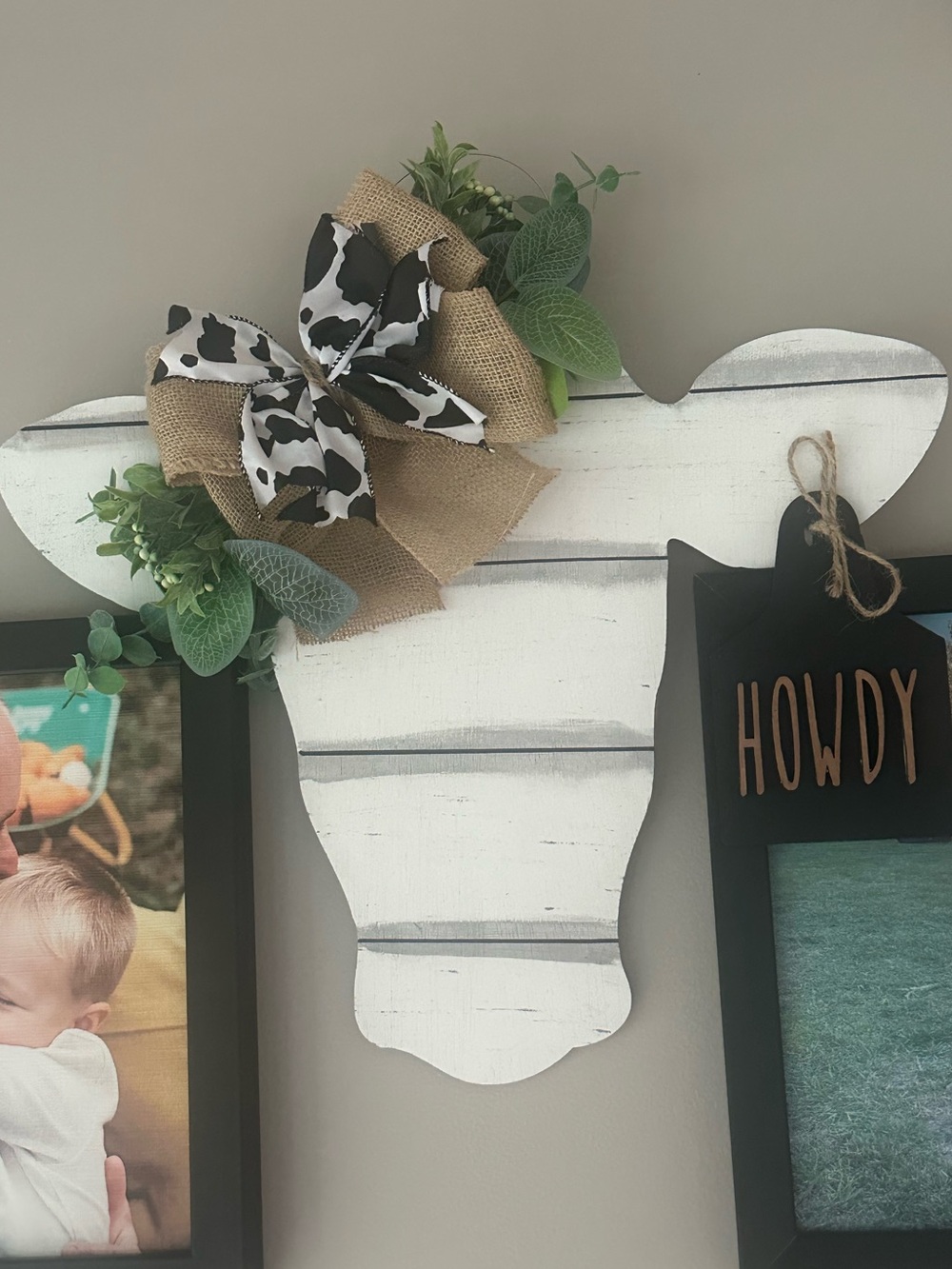 Rustic White Striped Cow Head Wall Decor with Burlap Bow